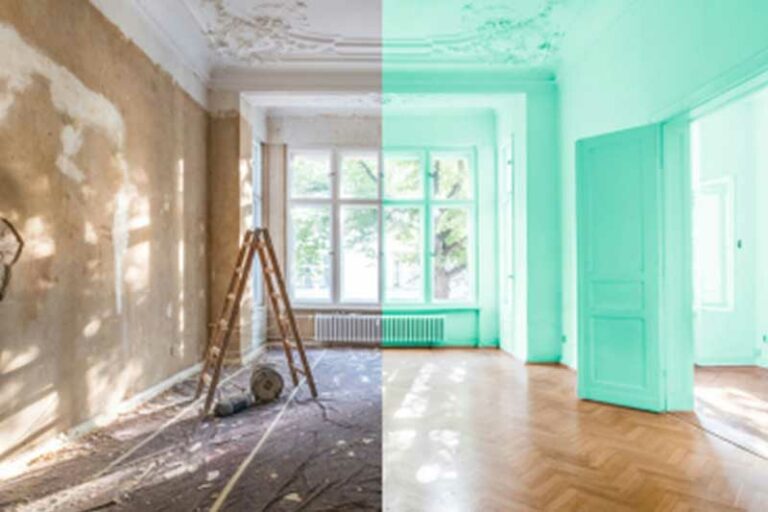 before and after refurbish of house room painted green